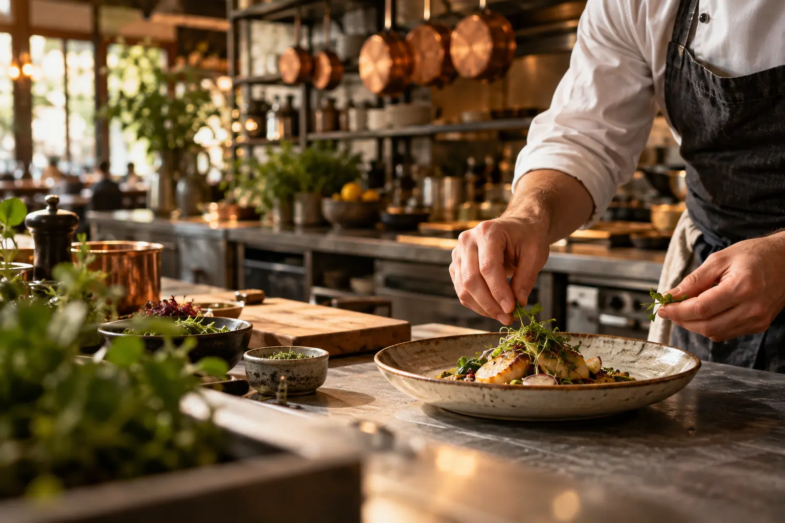 A chef finishing a plate in an open kitchen