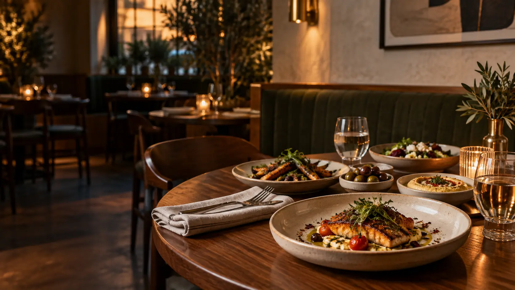 A warmly lit restaurant table set with seasonal dishes